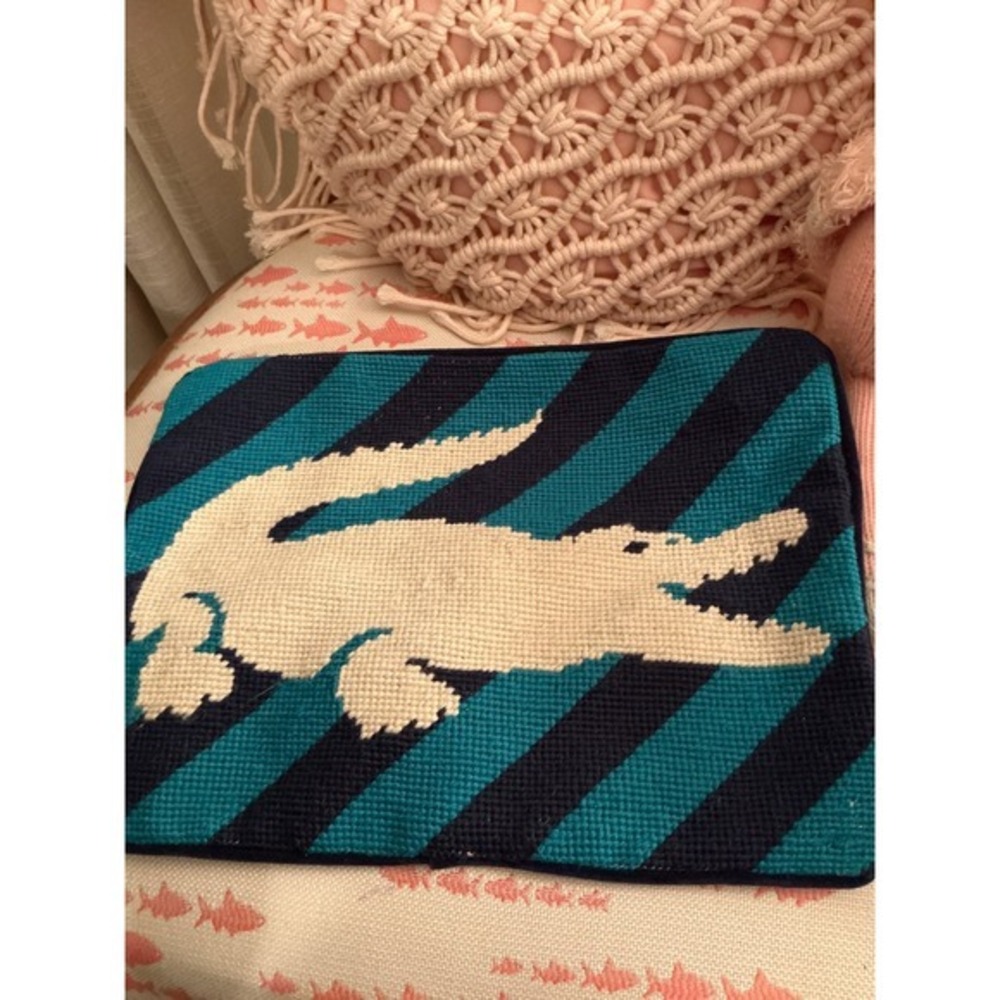 RARE Jonathan Adler WOOL Alligator Needlepoint Pillow Case, Blue 11.5 X8 Vintage